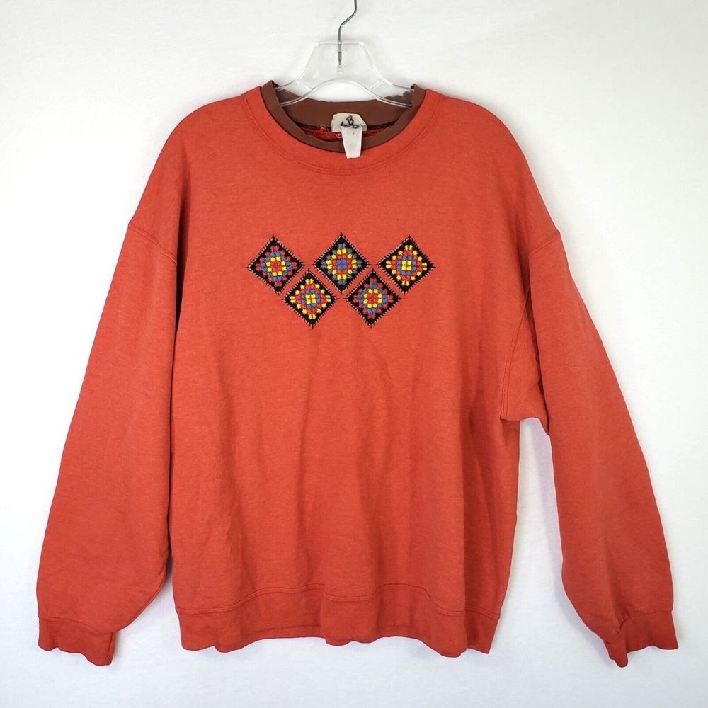 Top Stitch Morning Sun Womens‎ Orange Crewneck Sweatshirt Geometric Vintage
